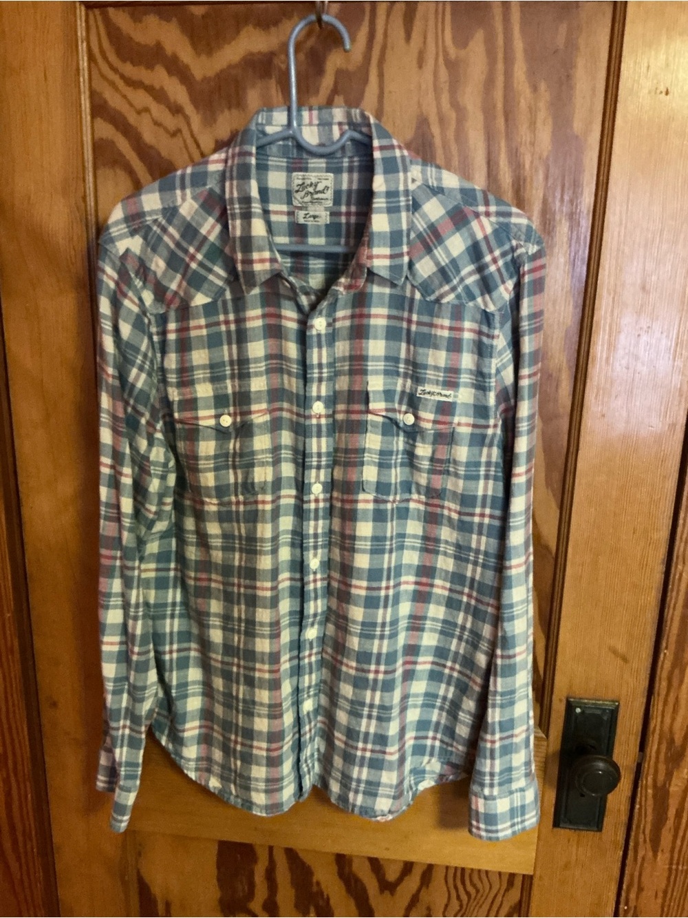 Lucky Brand Western Plaid Pearl Snap Button Up Shirt Large Blue Red Cotton - Picture 7 of 10